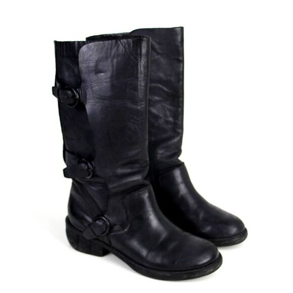 Trouve BLACK GENUINE LEATHER LOW HEEL PULL ON STRAP BUCKLE ROUND TOE BOOTS 6.5B - Picture 2 of 11